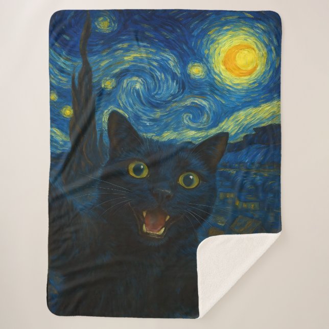 Black Cat Starry Night Van Gogh Cat Selfie Sherpadecke (Vorderseite)