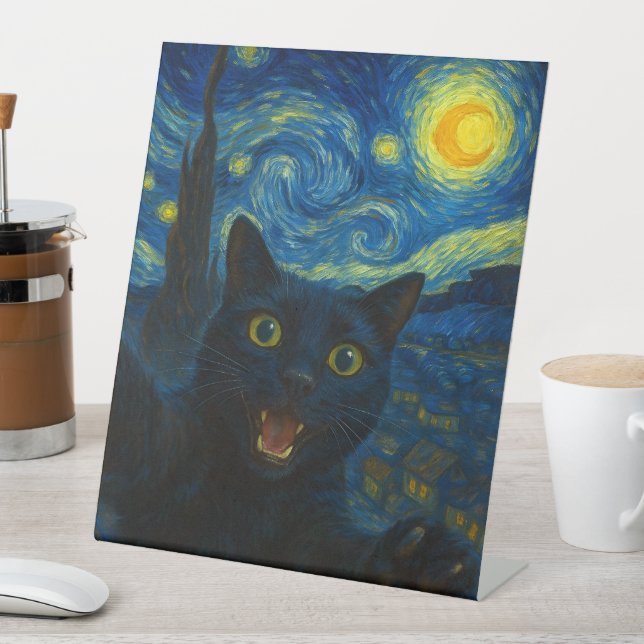 Black Cat Starry Night Van Gogh Cat Selfie Sockelschild (In Situ)