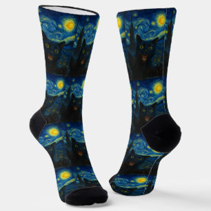 Black Cat Starry Night Van Gogh Cat Selfie Socken