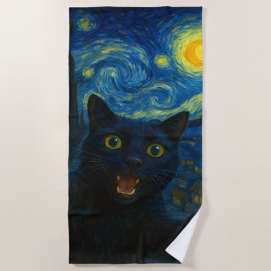 Black Cat Starry Night Van Gogh Cat Selfie Strandtuch