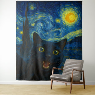 Black Cat Starry Night Van Gogh Cat Selfie Wandteppich