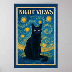 Black Cat Starry Night Van Gogh Poster