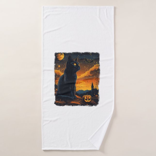Black Cat Starry Night Van Gogh Pumpkins Bats Hall Badehandtuch (Badehandtuch)