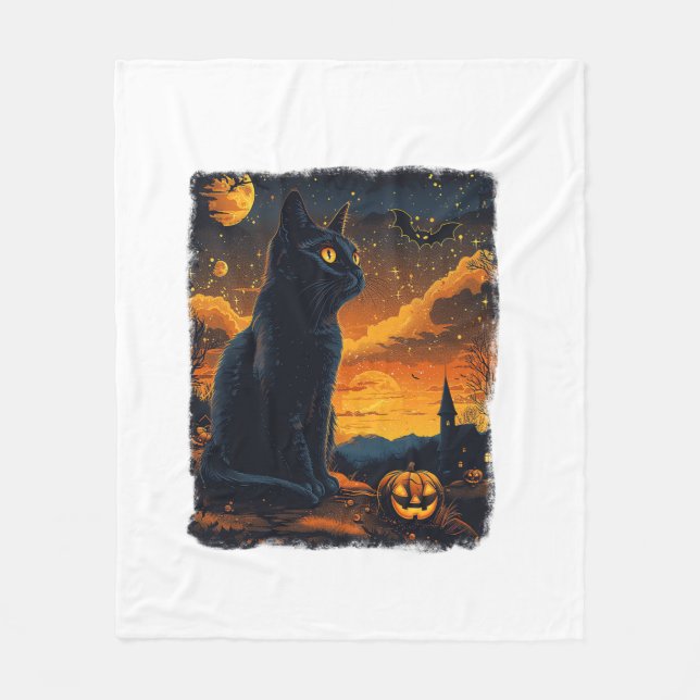 Black Cat Starry Night Van Gogh Pumpkins Bats Hall Fleecedecke (Vorderseite)