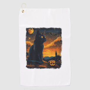 Black Cat Starry Night Van Gogh Pumpkins Bats Hall Golfhandtuch