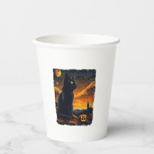 Black Cat Starry Night Van Gogh Pumpkins Bats Hall Pappbecher