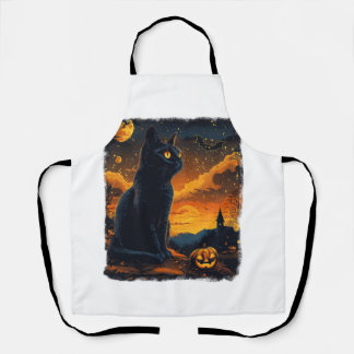 Black Cat Starry Night Van Gogh Pumpkins Bats Hall Schürze