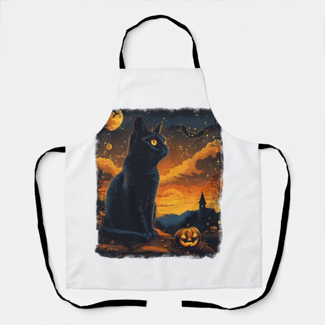 Black Cat Starry Night Van Gogh Pumpkins Bats Hall Schürze (Vorderseite)