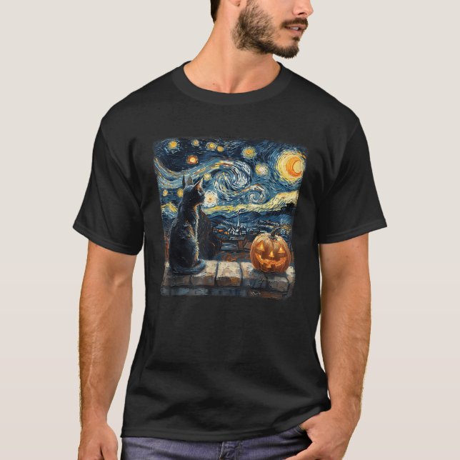 Black Cat Starry Night Van Gogh Pumpkins Fun Hallo T-Shirt (Vorderseite)