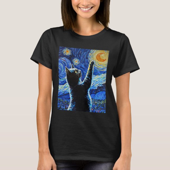 Black Cat Starry Night Vincent Van Gogh Halloween T-Shirt (Vorderseite)
