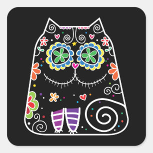 Black Cat Sugar Skull Quadratischer Aufkleber