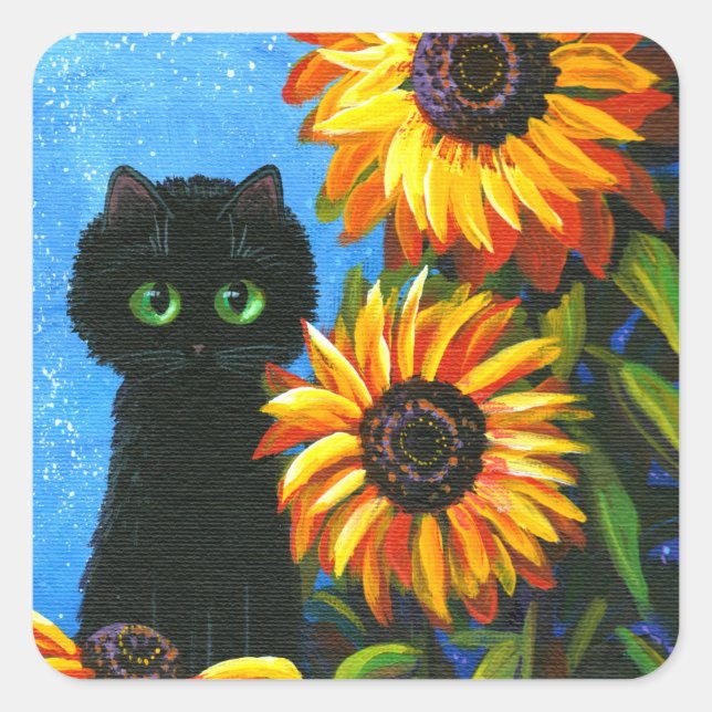 Black Cat Sunflowers Creationarts Square Sticker (Vorderseite)