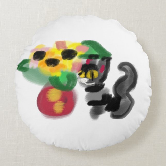 Black cat sunflowers  rundes kissen (Vorderseite)