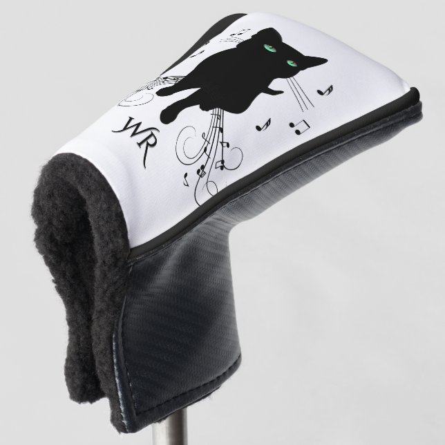 Black Cat Surrounded by Notes of Music Monogram Golf Headcover (3/4 Vorderseite)