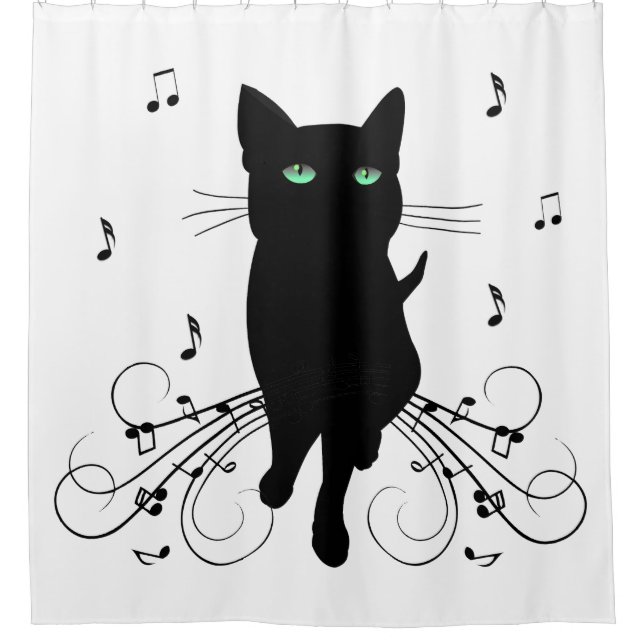 Black Cat Surrounded by Whispering Notes of Music Duschvorhang (Vorderseite)