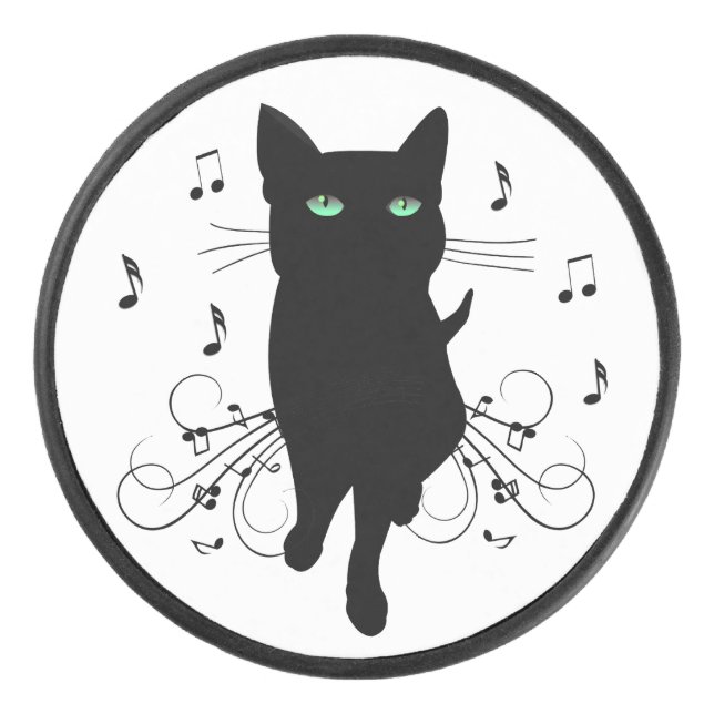 Black Cat Surrounded by Whispering Notes of Music Eishockey Puck (Vorderseite)