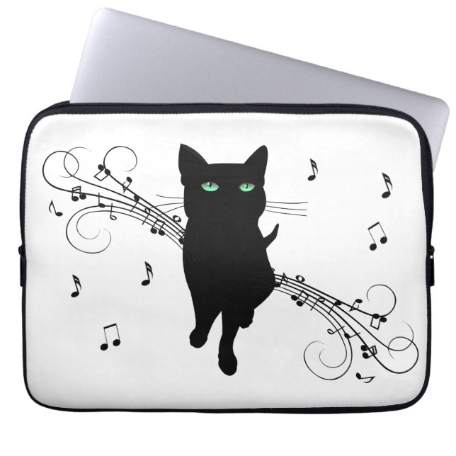 Black Cat Surrounded by Whispering Notes of Music Laptopschutzhülle (Vorderseite)