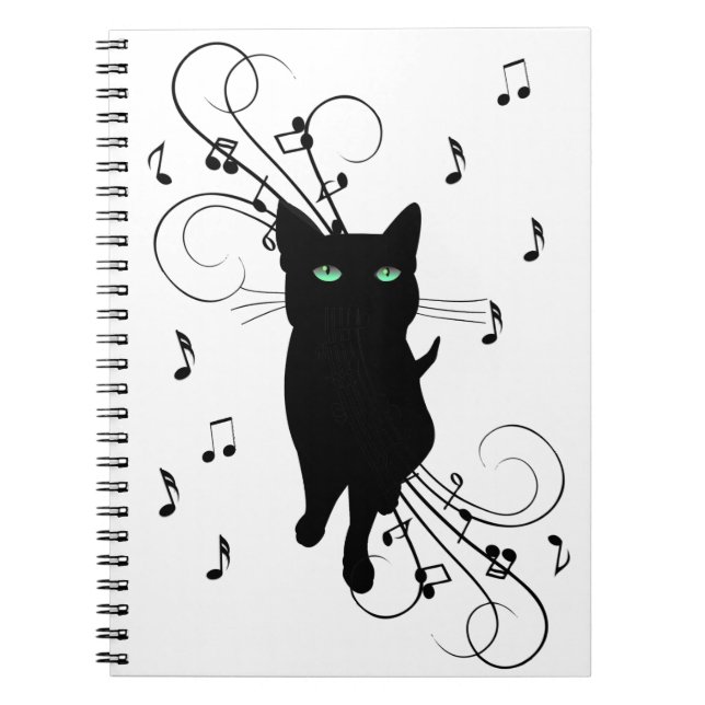 Black Cat Surrounded by Whispering Notes of Music Notizblock (Vorderseite)