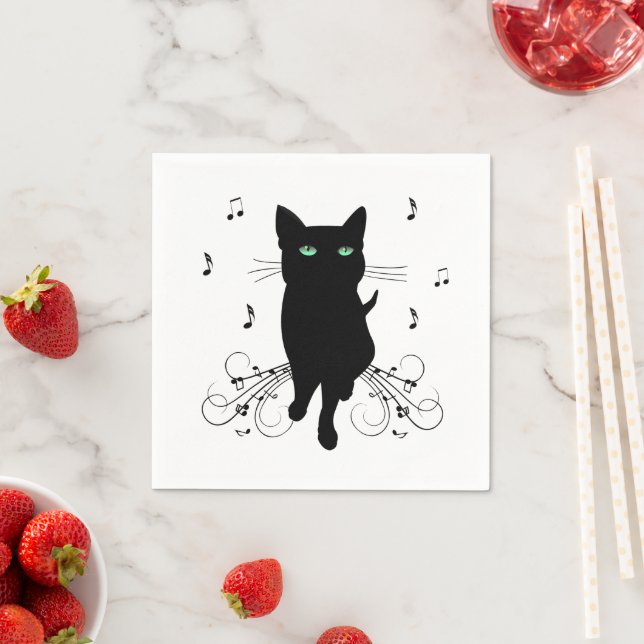 Black Cat Surrounded by Whispering Notes of Music Serviette (Beispiel)