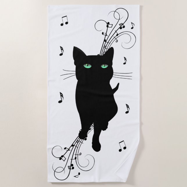 Black Cat Surrounded by Whispering Notes of Music Strandtuch (Vorderseite)