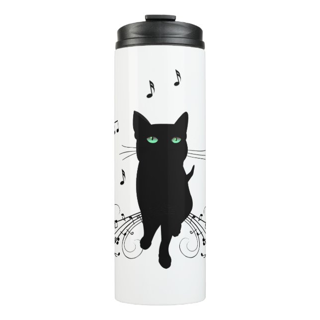 Black Cat Surrounded by Whispering Notes of Music Thermosbecher (Vorderseite)