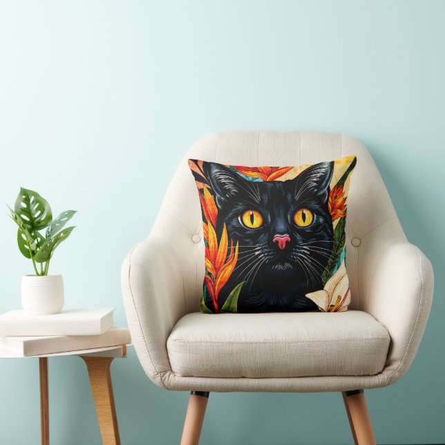 Black Cat Surrounded With Flowers Pillow Kissen (Stuhl )