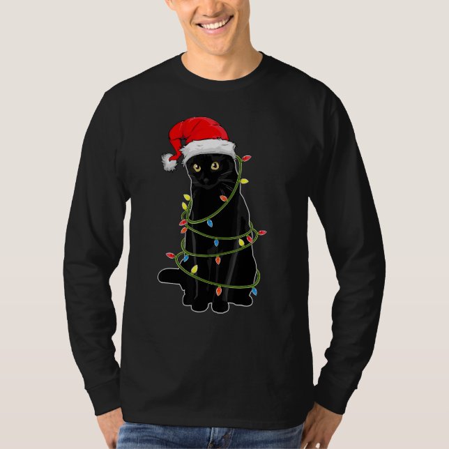Black Cat Tangled Up In Christmas Lights Santa Hat T-Shirt (Vorderseite)