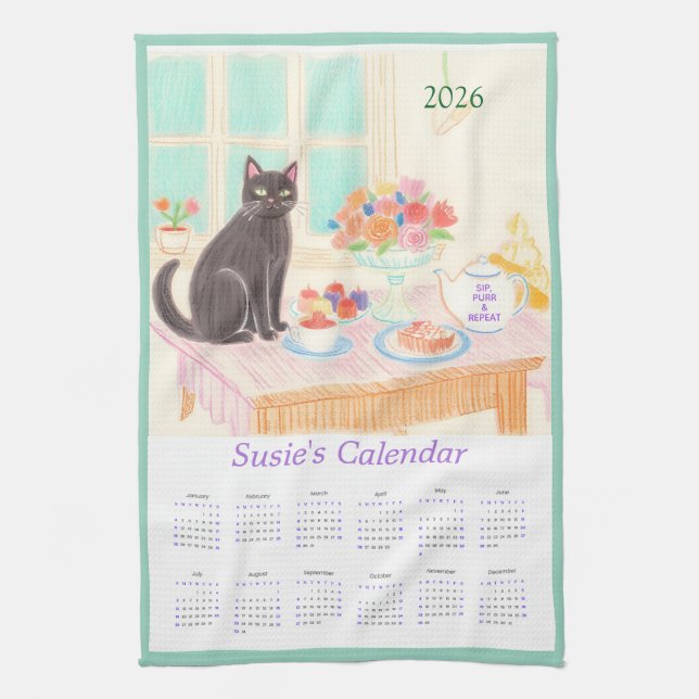 Black Cat & Tea Party Kitchen Towel Calendar Geschirrtuch (Vertikal)