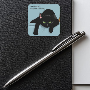 Black Cat Tired Blue Funny Quadratischer Aufkleber