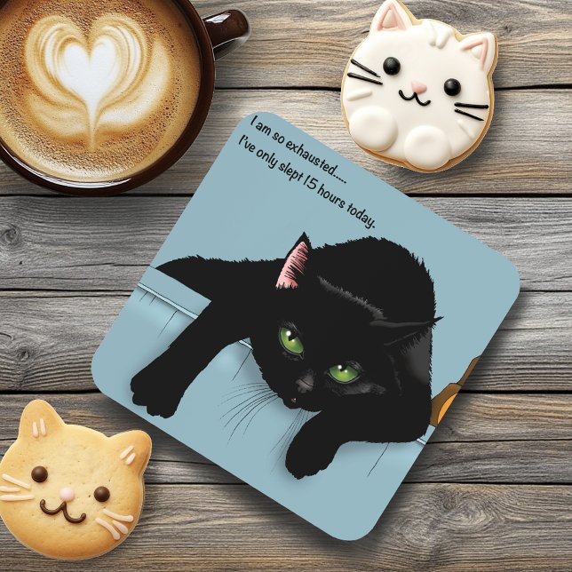 Black Cat Tired Blue Funny Untersetzer (Von Creator hochgeladen)