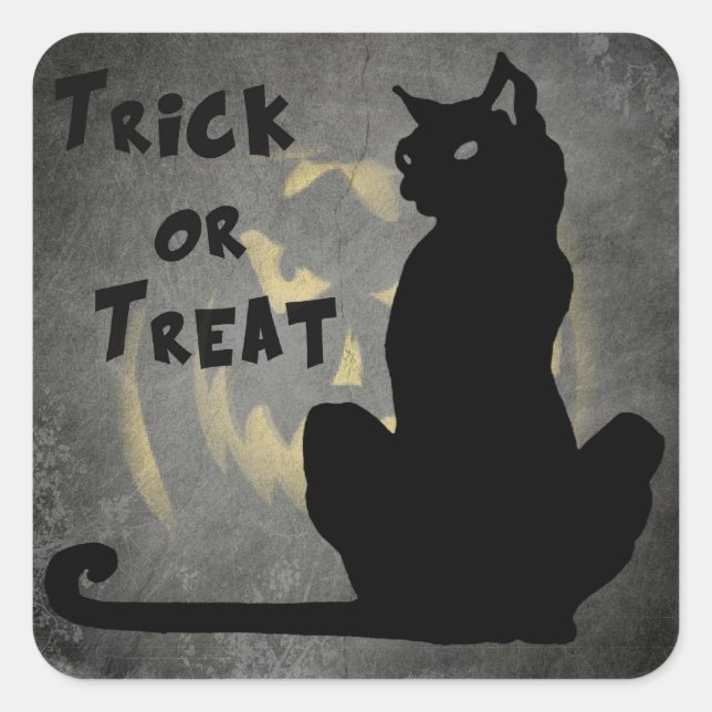 Black Cat Trick oder Treat Halloween-Sticker Quadratischer Aufkleber (Vorderseite)