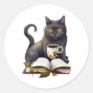 Black Cat trinken Kaffee und lesen Buch Runder Aufkleber