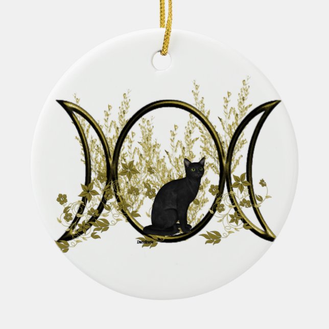 Black Cat Triple Moon Symbol Keramik Ornament (Vorne)