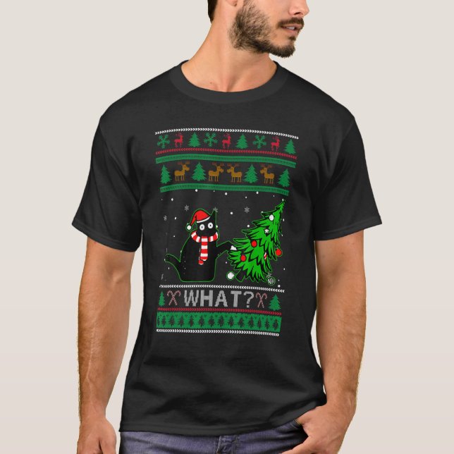 Black Cat Ugly Christmas Sweater Tree Over Cat Wha T-Shirt (Vorderseite)