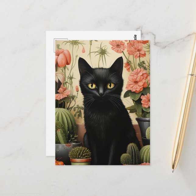 Black Cat und Cactus Pflanze Postkarte (Vorderseite/Rückseite Beispiel)