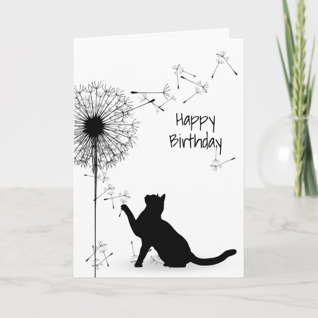 Black Cat und Dandelion Birthday Karte (Vorderseite)