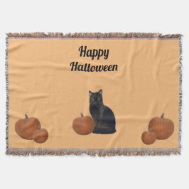 Black Cat und Five Pumpkins Happy Halloween Orange Decke