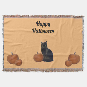 Black Cat und Five Pumpkins Happy Halloween Orange Decke