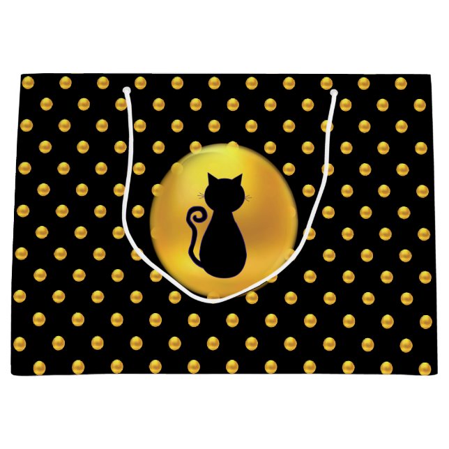 Black Cat und Gold Polka Dots Große Geschenktüte (Vorderseite)