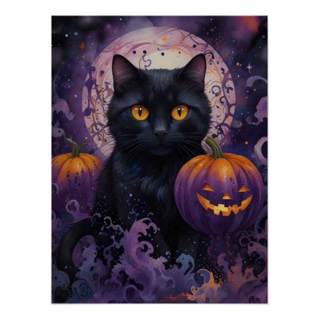Black Cat und Halloween Pumpkins auf Mondlicht Poster (Vorderseite)