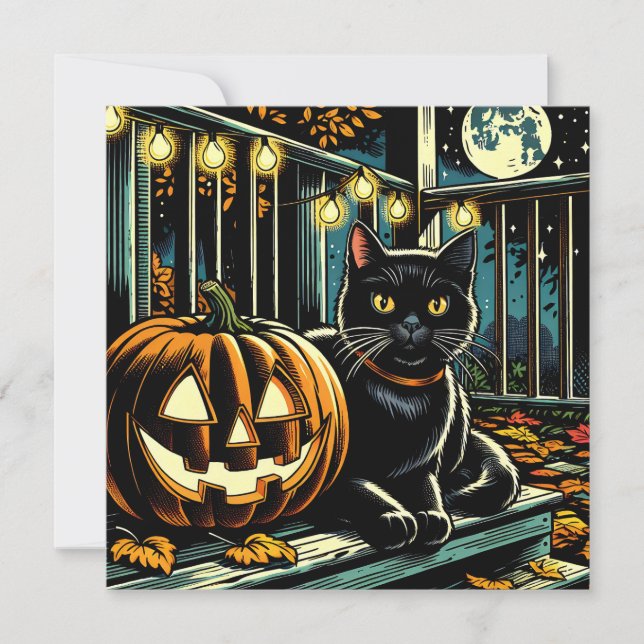 Black Cat und Jack-O=Lattern Halloween Einladung (Vorderseite)