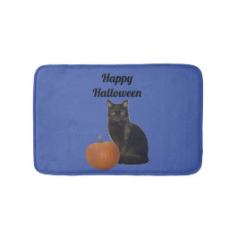 Black Cat und Pumpkin glücklich Halloween Blue Badematte