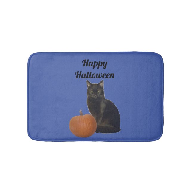 Black Cat und Pumpkin glücklich Halloween Blue Badematte (Vorderseite)