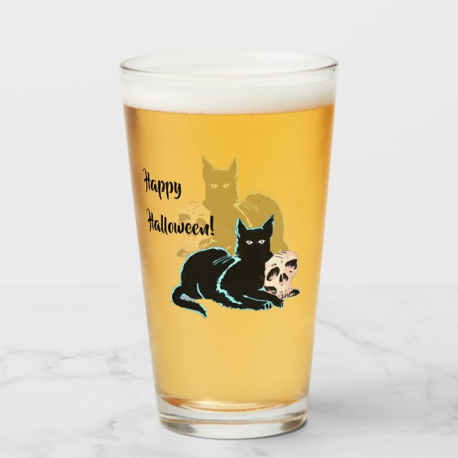 Black Cat und Skull Halloween Glas (Vorne (Gefüllt))