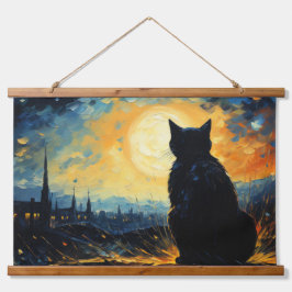 Black Cat und Starry Night Wandteppich Mit Holzrahmen