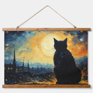 Black Cat und Starry Night Wandteppich Mit Holzrahmen