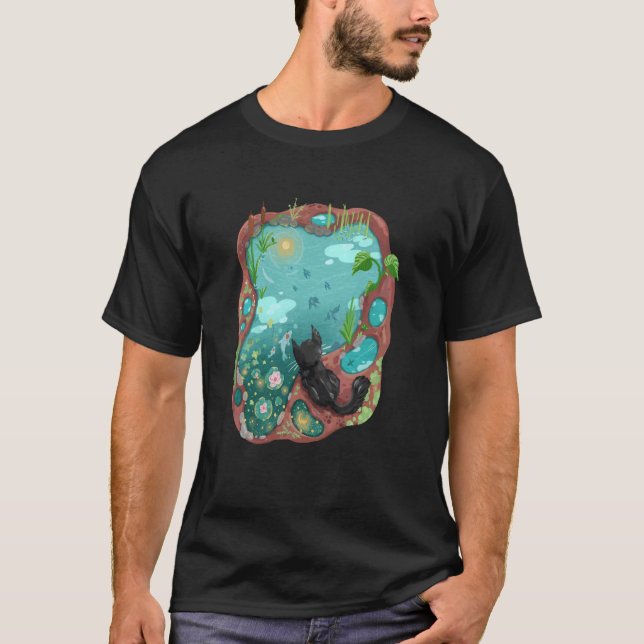 Black Cat und Surrealismus Koi Pond Night Sky Wate T-Shirt (Vorderseite)