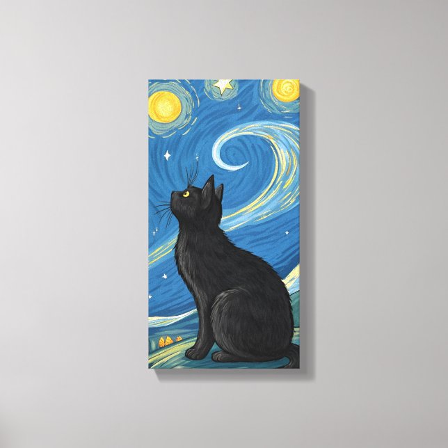 Black Cat Under Starry , lebendiger Pop Art Malere Leinwanddruck (Vorderseite)