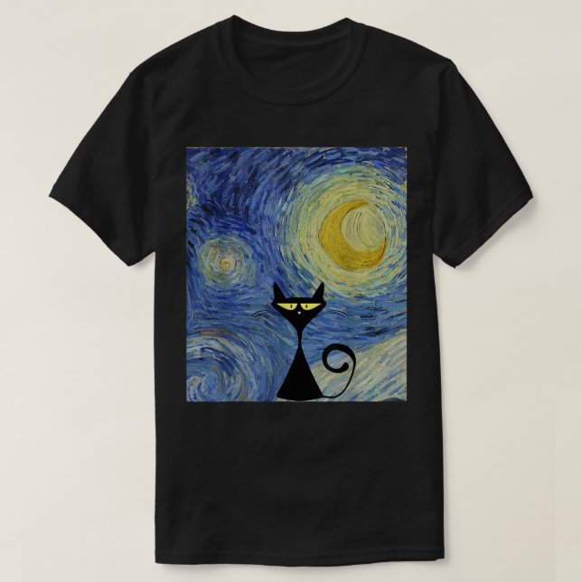 Black Cat Van Gogh Starry Night Museum Lover Aweso T-Shirt (Design vorne)