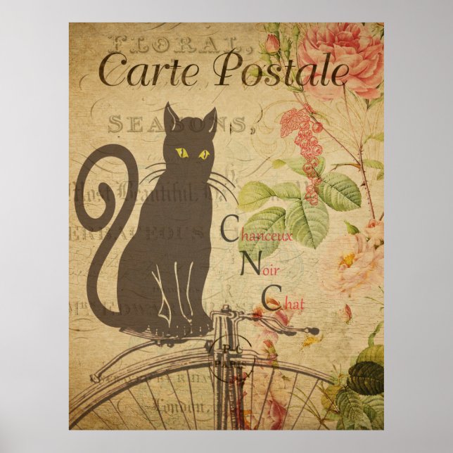 Black Cat Vintag Französisches Postkartenposter Poster (Vorne)
